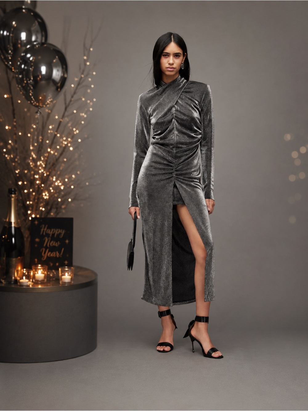 All Saints Silver Velvet Ruched High-Slit Long-Sleeve Dress. Worn once